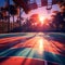 a vibrant sunset casting long shadows on an empty basketball court trending on artstation sharp