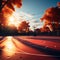 a vibrant sunset casting long shadows on an empty basketball court trending on artstation sharp