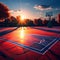 a vibrant sunset casting long shadows on an empty basketball court trending on artstation sharp