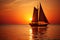 Vibrant Sunset Glow over Rolling Waves, with Majestic Ship Sailing Amidst Shoal in Horizon