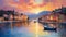 Vibrant Sunset Harbor Painting: Dreamy French Landscape In 8k Resolution