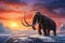 A vibrant sunset illuminating a standing iceencrusted mammoth.. AI generation