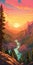 Vibrant Sunset Illustration Of Forest And River In California Plein Air Style