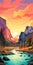 Vibrant Sunset Illustration Of Yosemite National Park In California