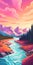 Vibrant Sunset Landscape Illustration Of Lake, River, And Mountains