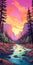 Vibrant Sunset Landscape Illustration Of Yosemite National Park