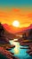 Vibrant Sunset Landscape With River And Rock Art Poster Illustration