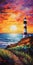 Vibrant Sunset Lighthouse Painting On Large Canvas