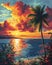 Vibrant sunset over a North American lake, painted with focus on the art