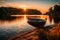 A vibrant sunset over a serene lakeside, with a small boat anchored near the shore