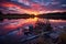 vibrant sunset over tranquil lake with abandoned fishing equipment