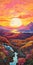 Vibrant Sunset Painting With Colorful Plants And Mountains