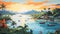 Vibrant Sunset Painting Of Vietnam Coastal Scene With Boats On Calm Waters