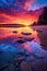 vibrant sunset reflecting on the calm waters of a secluded beach