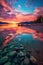 vibrant sunset reflecting on the calm waters of a secluded beach