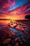 vibrant sunset reflecting on the calm waters of a secluded beach