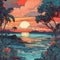 Vibrant Sunset on a Retro Tropical Beach in Watercolor .