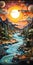 Vibrant Sunset River Illustration With Surreal 3d Landscapes