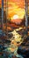 Vibrant Sunset River Illustration With Whistlerian Style And Bold Shadows