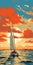 Vibrant Sunset Sailboat Painting In Flat Illustration Style
