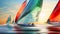 Vibrant Sunset Sailboat Race: Colorful Sails on Sparkling Ocean
