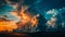 Vibrant sunset sky, fluffy cumulus clouds, nature beauty panoramic view generated by AI