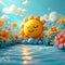 Vibrant sunshine 3D cartoon sun in a lively summer scene