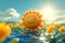 Vibrant sunshine 3D cartoon sun in a lively summer scene