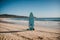 A vibrant surfboard standing upright in the sand