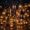 Vibrant and surreal cityscape at night with decorative lanterns casting intricate patterns