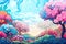 Vibrant, surreal colorful forest illustration with trees and swirling sky