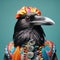 Vibrant And Surreal Fashion: Captivating Close-up Photo Of A Crow