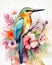 Vibrant surreal flowers surround small tropical bird, creating beautiful and colorful composition