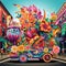 Vibrant Surrealistic Pop Art Illustration of Festive Parade