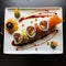 Vibrant Sushi Art On White Plate With Pastry Dessert