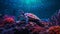 Vibrant Synthwave Turtle Swimming Among Colorful Coral Reefs