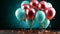 Vibrant teal and ruby balloons amidst cascading ribbons, illuminated confetti, and satin bows on a dark, starry background