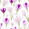 Vibrant top view seamless pattern featuring blooming crocus flowers in a variety of colors