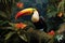 A vibrant toucan bird sits gracefully on a branch, surrounded by lush greenery in the jungle, Toucan spotted in the jungle,