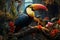 Vibrant toucan finds serenity on a branch amid lush forest