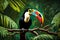 A vibrant toucan perched on a lush tree branch in a tropical rainforest
