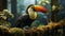 A vibrant toucan perches on a branch in the rainforest generated by AI