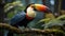 A vibrant toucan perches on a branch in the rainforest generated by AI