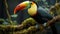 A vibrant toucan perches on a branch in the rainforest generated by AI