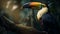 Vibrant toucan perches on green forest branch generated by AI