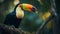 Vibrant toucan perching on branch in forest generated by AI