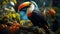 A vibrant toucan perching on a branch in the rainforest generated by AI