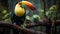 Vibrant toucan perching on branch in tropical rainforest generated by AI