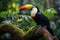 A vibrant toucan sits elegantly on a sturdy branch amidst the lush greenery of the jungle, Toucan spotted in the jungle,