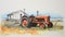 Vibrant Tractor Painting: Minimalist Ink Wash With Hyperrealistic Elements